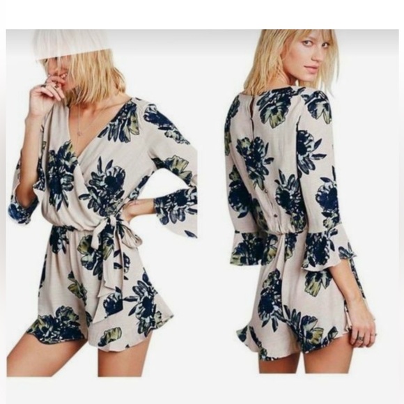 Free People Floral Wrap Romper - Navy and Cream - Picture 2 of 11